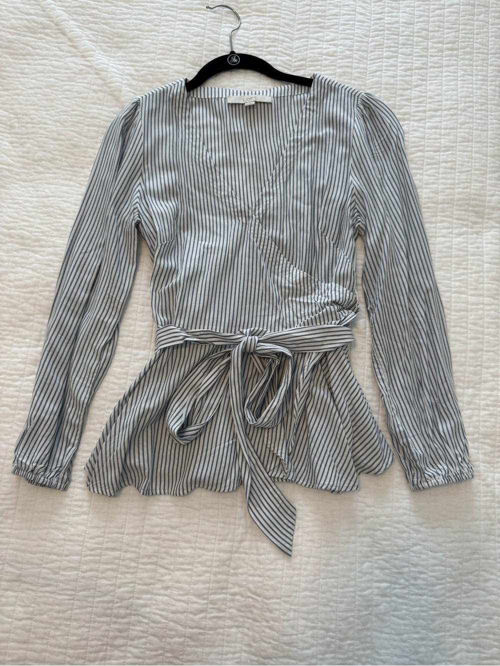 Ann Taylor Loft Striped Wrap Tie Blouse - White/Blue